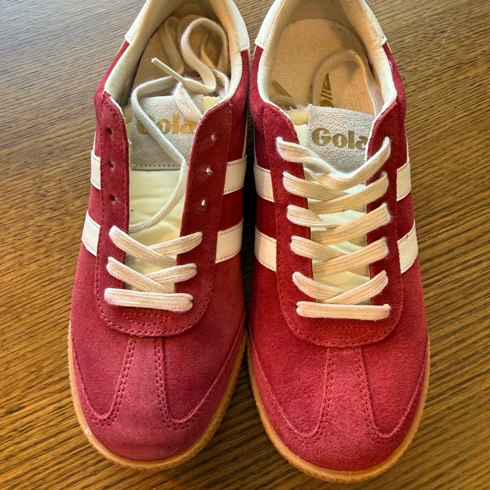 Gola Red Suede Sneakers with White Stripes and Cream Lining